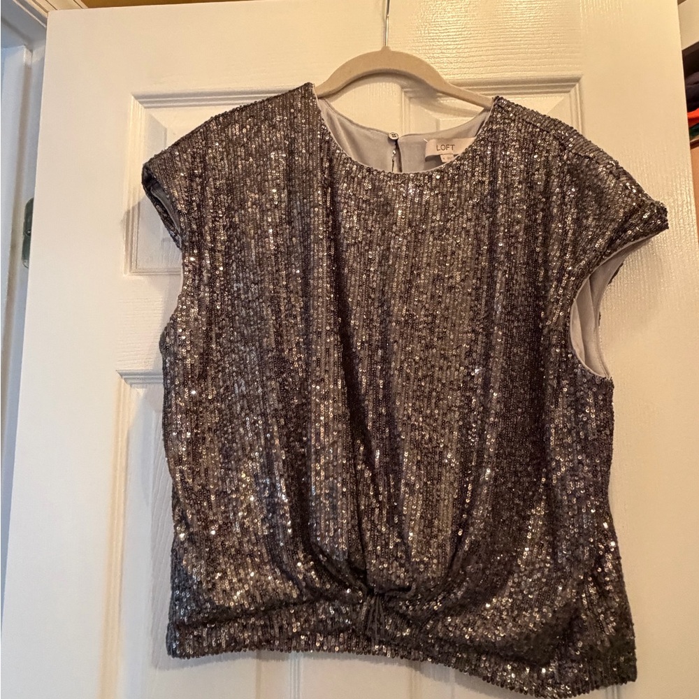 LOFT Silver Sequin Cap Sleeve Twist-Front Crop Top